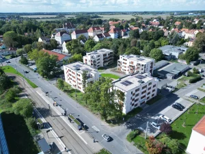 WOGETRA Wohnungsgenossenschaft Leipzig Nord Quartier Drohnenaufnahme im Sommer