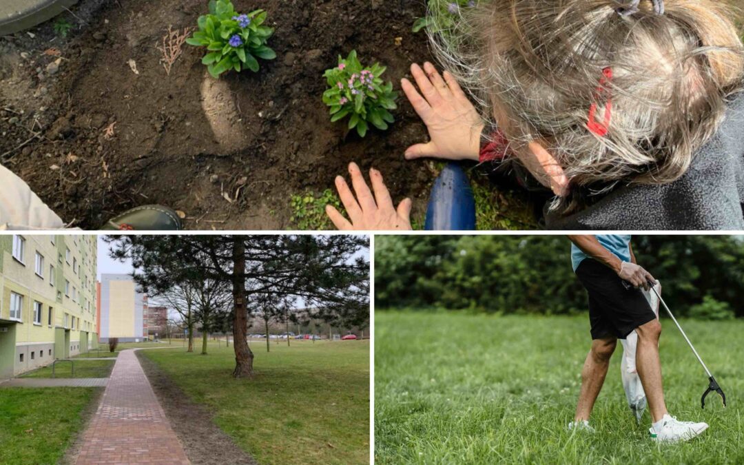 Frühling in der Wohnanlage – Menschen pflanzen Blumen, pflegen Grünflächen und sammeln Müll zur Verschönerung des Wohnumfelds.