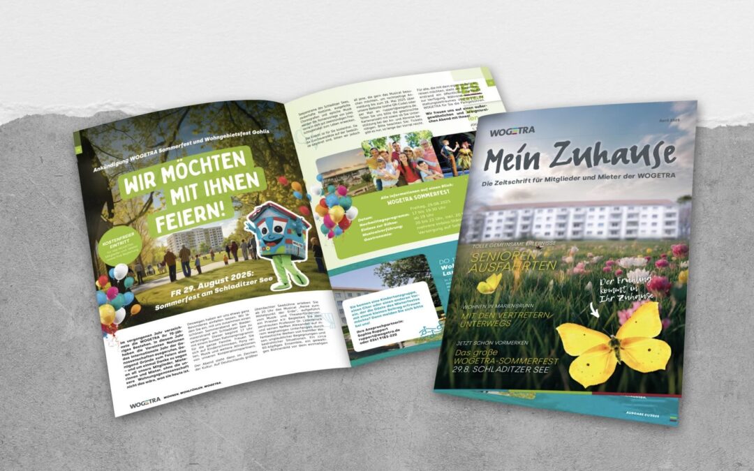 Titelseite und Innenseite der aktuellen Mieterzeitschrift „Mein Zuhause“ der WOGETRA – mit Themen rund um Gemeinschaft, Veranstaltungen und einem Samenpapier-Schmetterling als Frühlingsgruß.