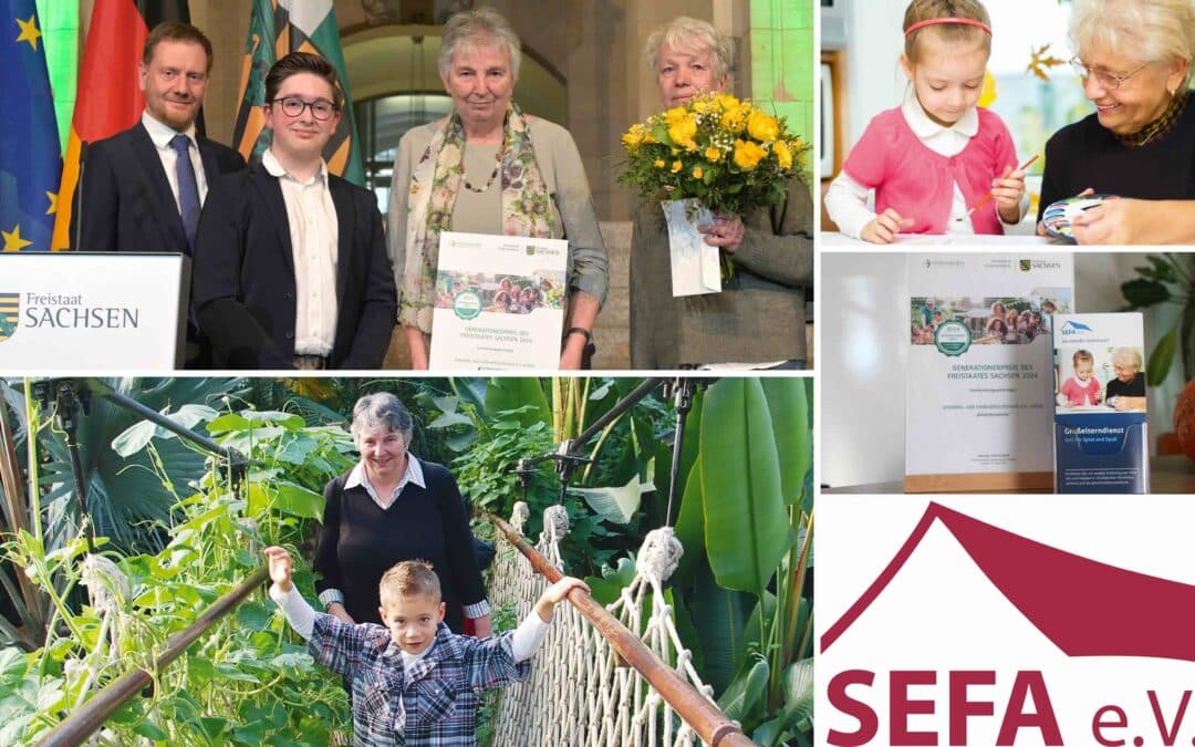 Collage von Bildern des SEFA e.V., darunter die Verleihung des Generationenpreises des Freistaates Sachsen 2024 für den Großelterndienst, spielende Kinder mit Senioren und ein Logo des Vereins.