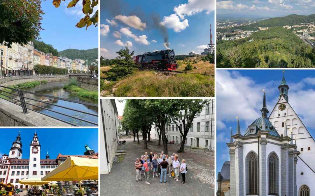 Seniorengruppe der WOGETRA auf Ausfahrten nach Karlsbad und Halle – mit Stadtführung, Altstadtbummel und gemeinschaftlichem Erlebnis.