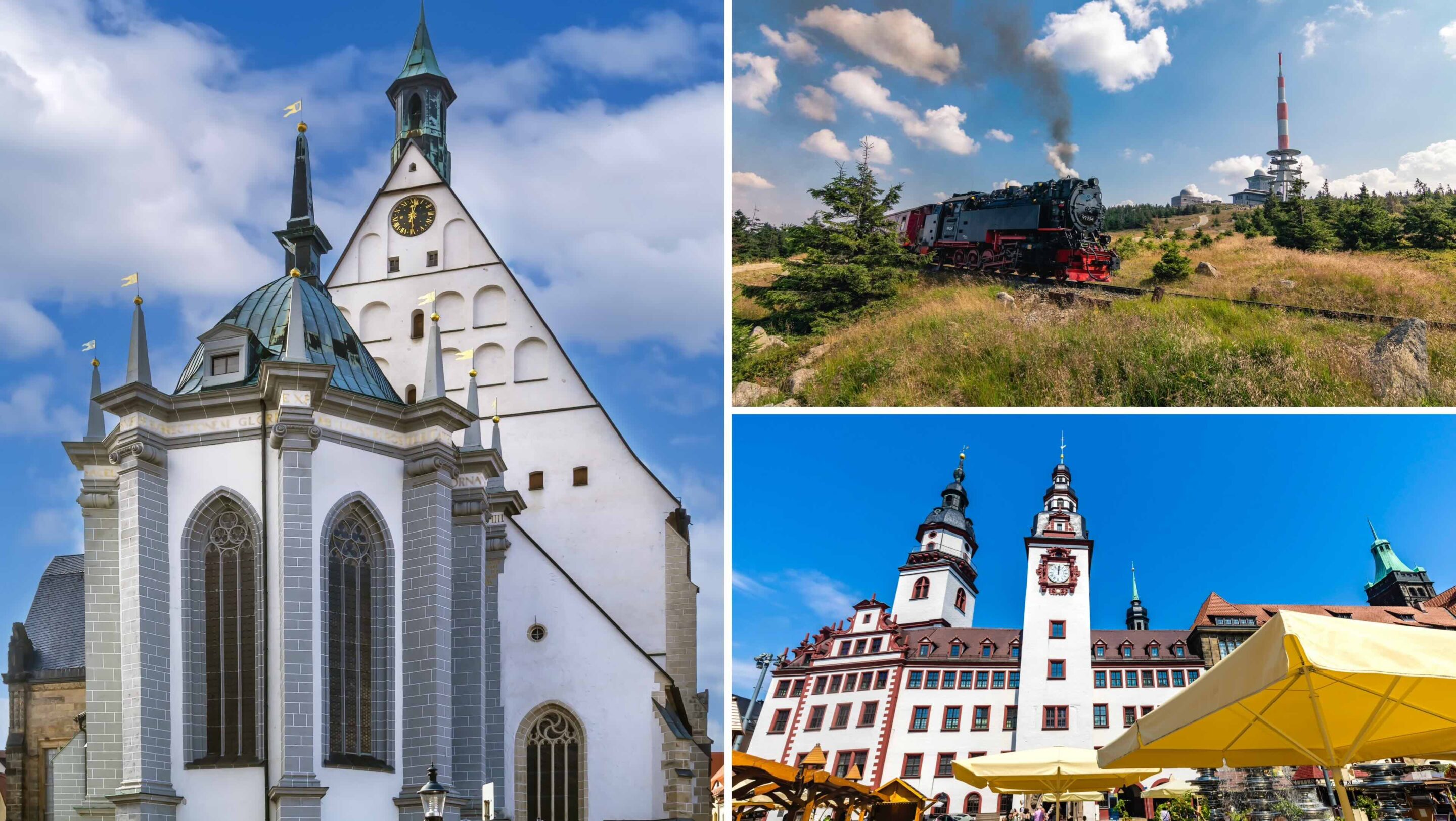 Fotocollage mit dem Freiberger Dom, der historischen Brockenbahn im Harz vor dem Brockenmassiv sowie dem Marktplatz in Chemnitz mit dem Alten Rathaus.