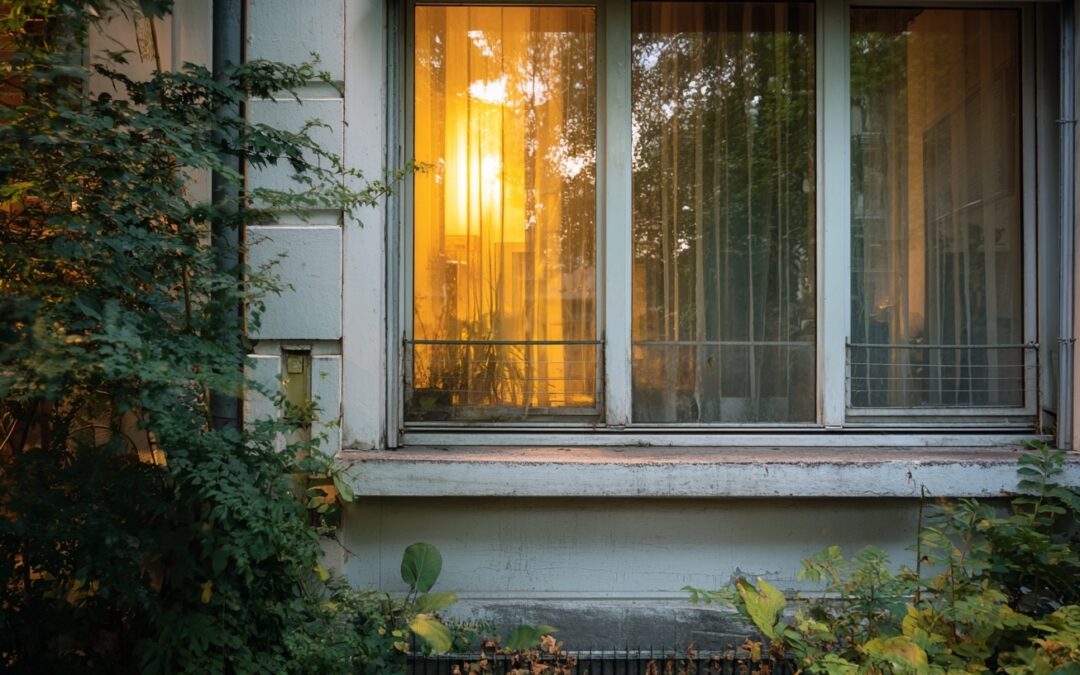Erdgeschossfenster mit Vorhängen und warmem Licht – typische Mietwohnung am Abend, Symbolbild für Einbruchsschutz
